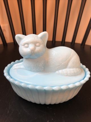 Westmoreland Slag Milk Glass Blue White Cat Covered Dish