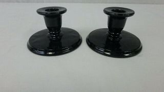 Vintage Pair L.  E.  Smith Black Amethyst Glass Low Candlestick Candle Holders