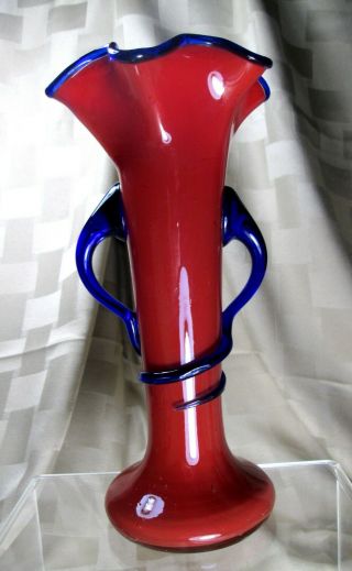 Cased Hand Blow Studio Art Glass Bud Vase 7 1/4 " Tall,  Red And Blue Handles