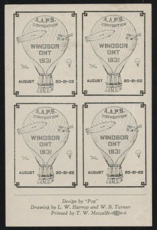 American Aero Philatelic Society Convention - Windsor On 1931 - Sheet Of 4 Mh