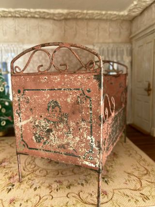 Antique Miniature French Dollhouse Distressed Chippy Shabby Pink Tin Bed 1920 