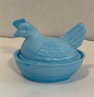 Vintage Turquoise Blue Opaque Swirl Milk Glass Hen On Nest Chicken Dish 4.  5”