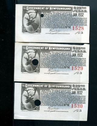 Very Rare - 3 X Govt.  Of Newfoundland Consecutive Bond Coupons - Unlisted Mp970