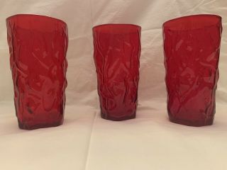 Vintage Red Crinkle Glass Tumblers Set Of 3