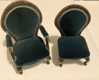 Vintage 1973 Artisan Signed Handmade Dolls House Velvet Covered Chairs