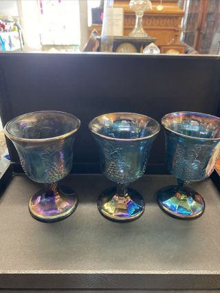 Set Of 3 Vintage Indiana Carnival Glass Iridescent Blue Harvest Grape Goblets
