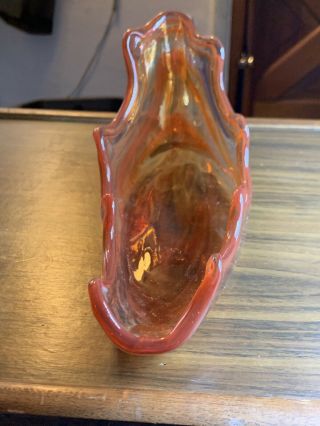 Vintage Hand Blown Orange Swirl Art Glass Dish Sooner USA Leaf Sleigh Cornucopia 2