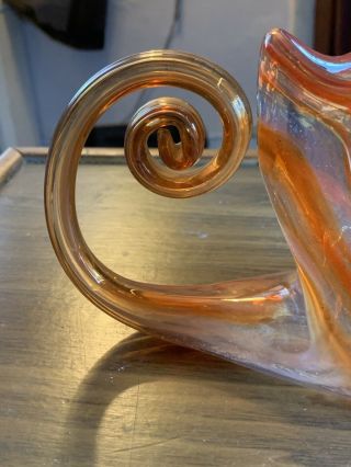 Vintage Hand Blown Orange Swirl Art Glass Dish Sooner USA Leaf Sleigh Cornucopia 3