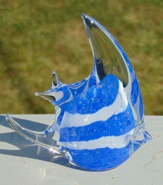Vintage Murano Hand Made Art Glass Blue & White & Clear Fish Paperweight