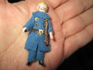 2 1/2 " Antique All Bisque Soldier Doll All With Molded Mustache