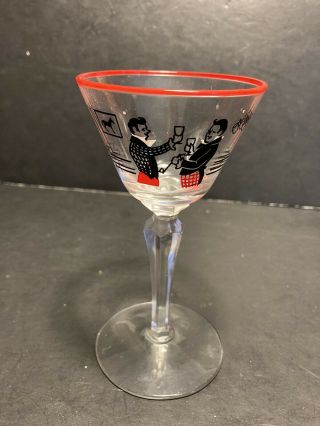 Vintage Libbey Pickwick Merrymakers Cordial Cocktail Glass Men Toasting Blackred