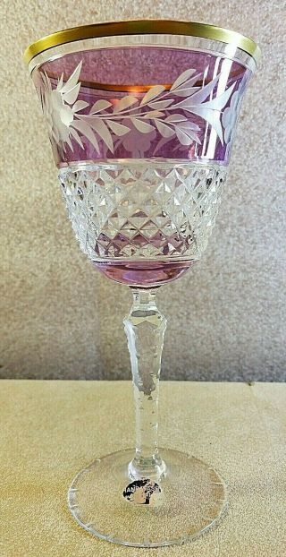 Vintage Etched Crystal Diamond Cut Stemmed Wine Glass Purple 7 1/4 " Tall