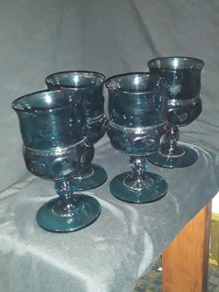 Vintage Indiana Glass Thumbprint Teal Blue Kings Crown Water Wine Juice Goblets
