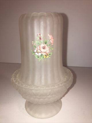 Vintage Frosted Glass Courting Fairy Lamp With Pink Roses 6 1/2” Tall