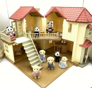 Calico Critters Sylvanian Families Big House W/ Red Roof Delux,  Stairs,  Animals