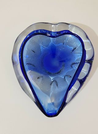 Large Vintage Murano Blue Art Glass Heart Shape Ashtray Controlled Bubble.