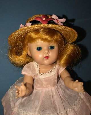 Vintage Vogue Strung Ginny Doll In Her 1953 Skinny Tagged Pink Shadowprint Dress