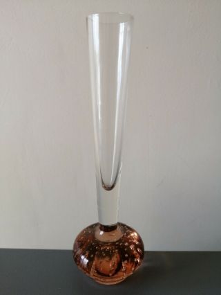 Vintage Peach / Blush Rose Pink Art Glass Bubble Bud Stem Vase Paperweight 6.  5 