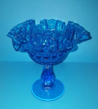 Vintage Fenton Glass Thumbprint Colonial Blue Double Crimped Pedestal Compote