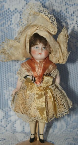 Antique 5 " German All Bisque Jtd.  Doll - Yellow Stockings - French Costume