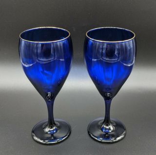 Vintage Cobalt Blue Gold Rimmed Libbey Wine Goblets Stemware 2
