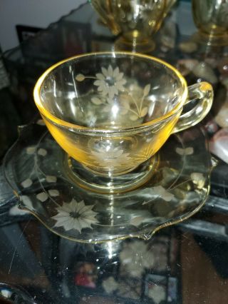 Vintage Jubilee Yellow Lancaster Glass Cup & Saucer With Etched Flowers