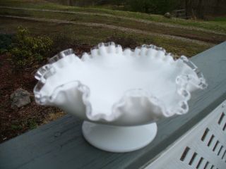 Vintage Fenton Milk Glass Silver Crest Double Crimped Ruffled Compote/bowl