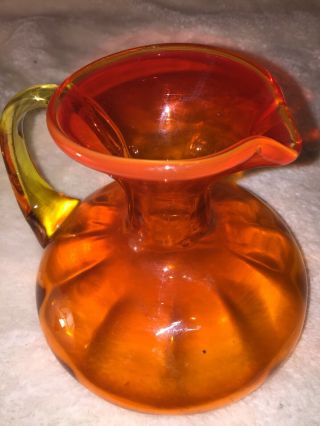 Vintage Hand Blown Glass Orange Pitcher Yellow Handle Unique Shape 5” H.