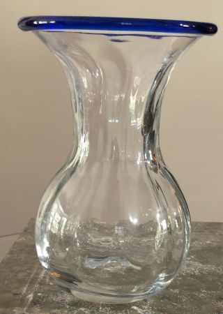 Gorgeous Hand Blown Art Glass Vase Cobalt Blue Rim Clear Base @8” Mexico