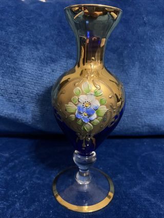 Vintage Cobalt Blue/gold Enamel Pedestal Bud Vase Believed To Be Bohemian Moser?