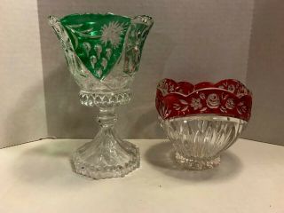 Vintage Anna Hutte Bleikristall Green Lead Crystal Bowl/candy Dish & Red Bowl