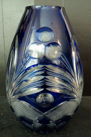 Vintage 10 " Czech Bohemian Cobalt Blue & Clear Cut Glass Vase Geometric Patterns