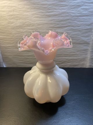 Fenton White With Pink Silver Crest Ruffled Melon / Ribbed Vase