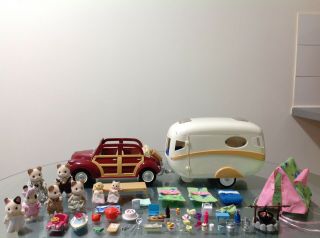 Sylvanian Families Car & Caravan Bundle With Tent,  Figures & Accessories