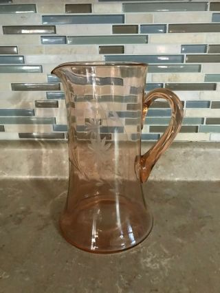 Vintage Pink Depression Etched Floral Glass Juice/water Pitcher 9 1/2 " Tall