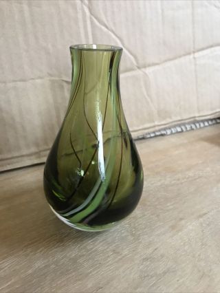 Green Tinted Swirl Design (caithness?) Glass Vase - 4.  5” Tall.  Teardrop Shape