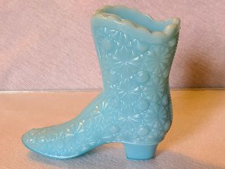 Vintage Aqua Blue Fenton Glass Daisy & Button High Heel Shoe Boot Vase