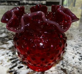 Fenton Ruby Red Amberina Hobnail Glass Vase 4 1/2 " Ruffled & Crimped Edge Vtg