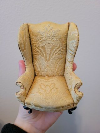 Vintage Miniature Dollhouse Yellow Upholstered High Wing Back Arm Chair