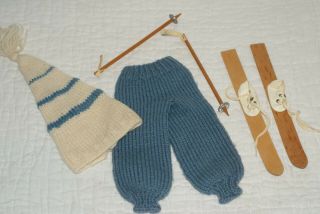 Vintage Mary Hoyer 14 " Blue Doll Pants,  Hat,  Skis And Poles