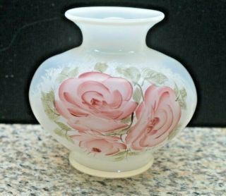 Rare Fenton Art Glass Opaque White Vase With Hand Painted Red Roses 7 Inch