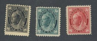 3x Canada Victoria M.  L.  Mh Stamps 66 - 1/2c F/vf 67 - F/vf 69 - 3c Vf Gv= $188.  00