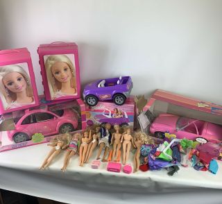 Barbie Vehicle Toy,  Storage Large Bundle 3 Cars,  6 Dolls,  Ken,  2 Boxes,  Clothes