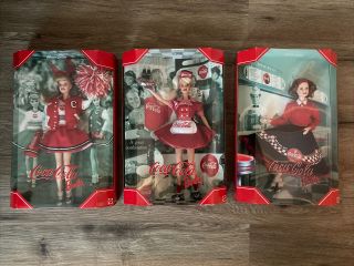 Coca - Cola Cheerleader/sweetheart/waitress Barbie Doll 3 Piece Set