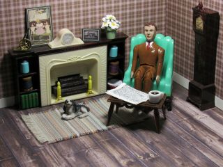 Plasco Fireplace Set W/ Renwal Father Doll,  Vintage Plastic Dollhouse Furniture