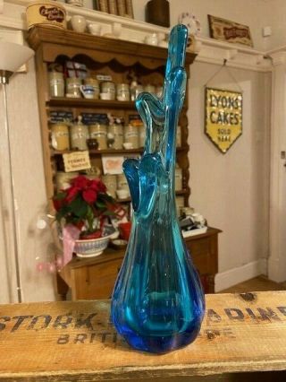 Vintage Mid - Century Blue Art Glass Vase – Pulled Finger / Stretch Design 2