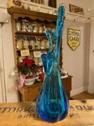 Vintage Mid - Century Blue Art Glass Vase – Pulled Finger / Stretch Design 3
