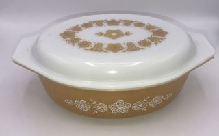 Pyrex Butterfly Gold 1970s 045 2.  5 Quart Oval Casserole W/chipped Lid Vintage