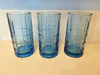 3 Vintage Anchor Hocking Blue Tartan Plaid Ice Tea Glasses - 12 Oz.