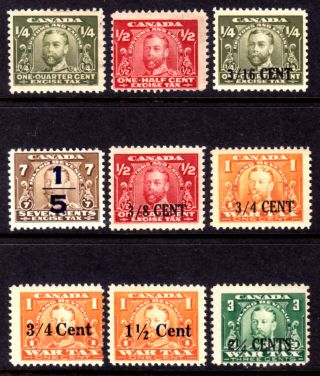 Canada Revenue Excise Tax Fx1 - 2,  21 - 23,  30 - 33,  1915 - 23 Kgv Lot/9,  Vg - F,  Og - Nh